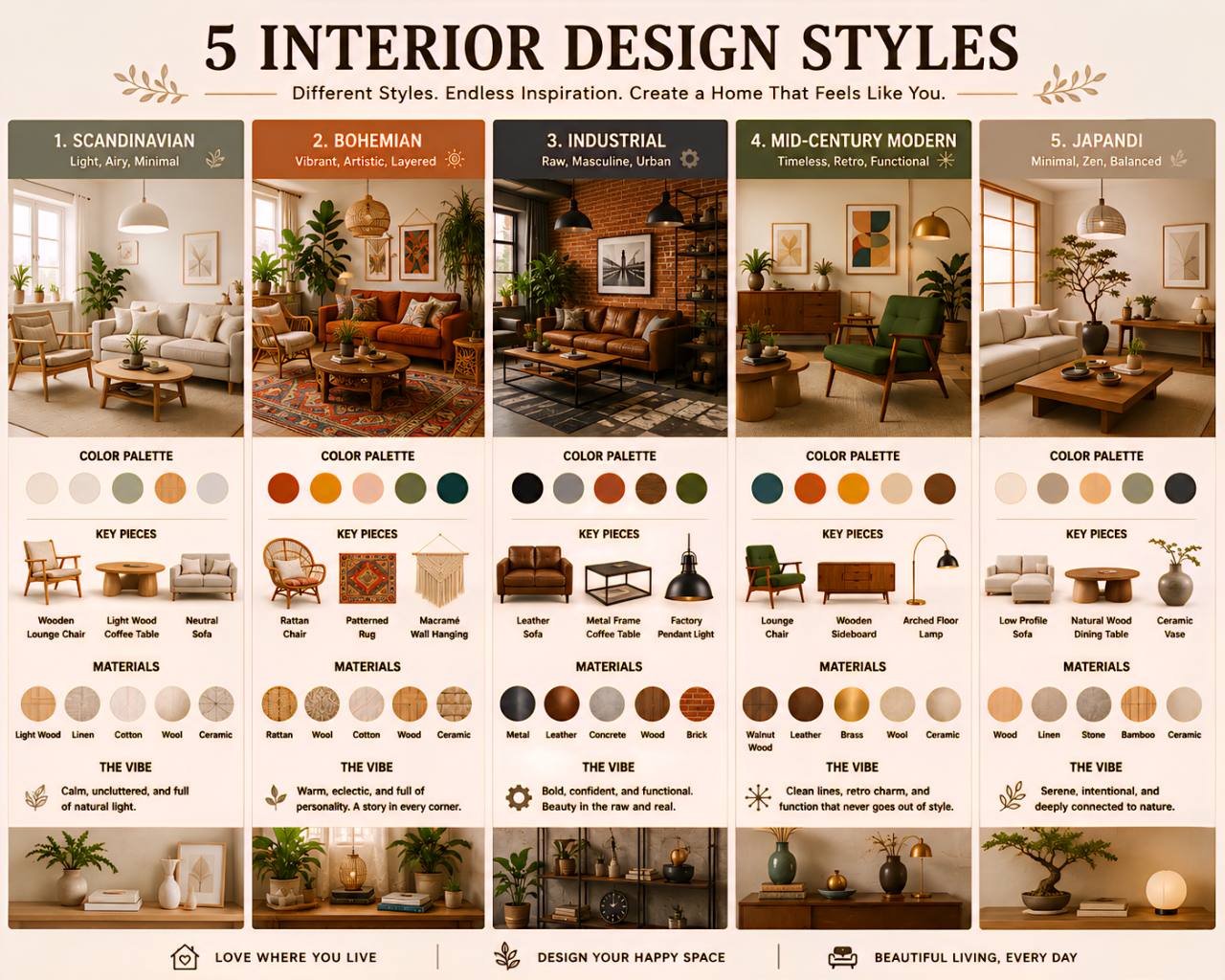 Five interior design styles compared through rooms, colours, furniture, and materials