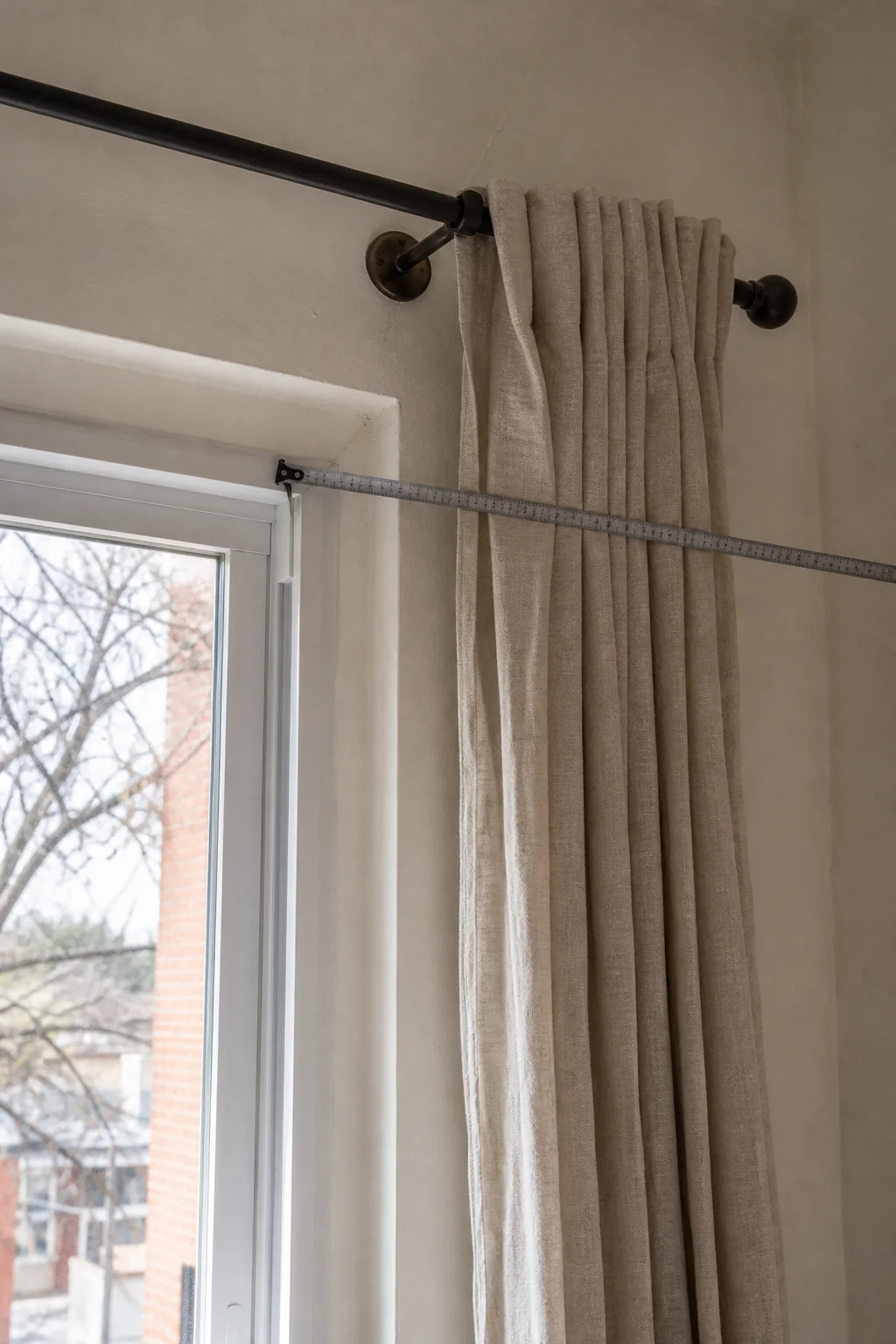 Metal tape measure spanning from a window frame toward a dark curtain rod beside stacked linen fabric