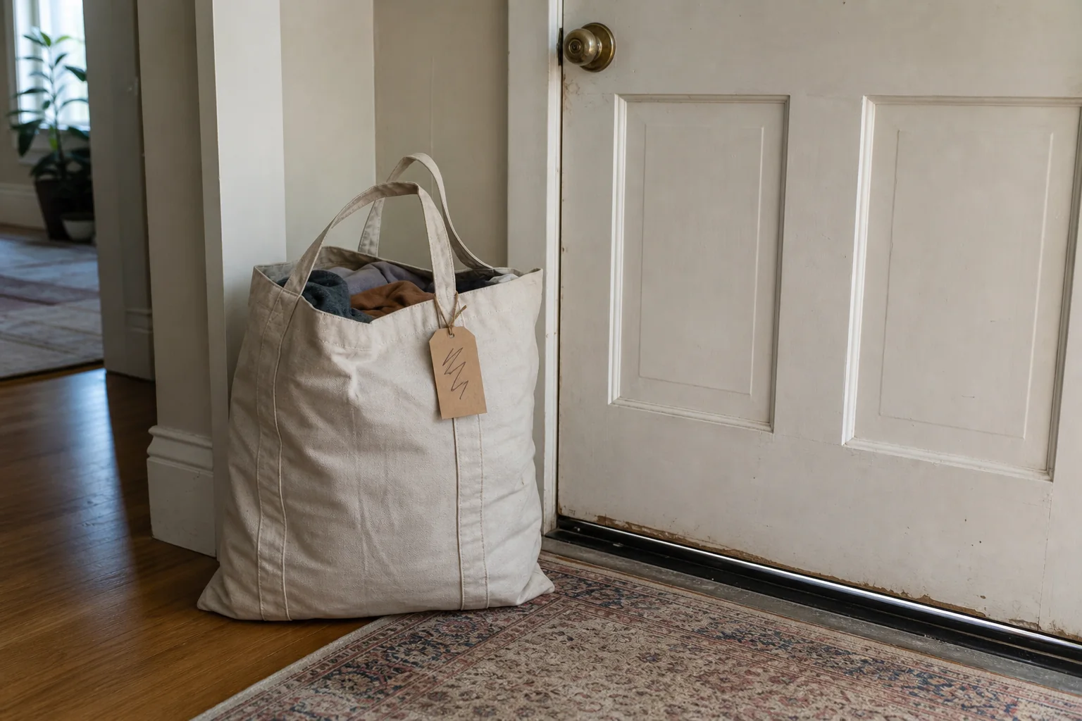 A full reusable donation bag waiting beside a gently worn front door in an ordinary home