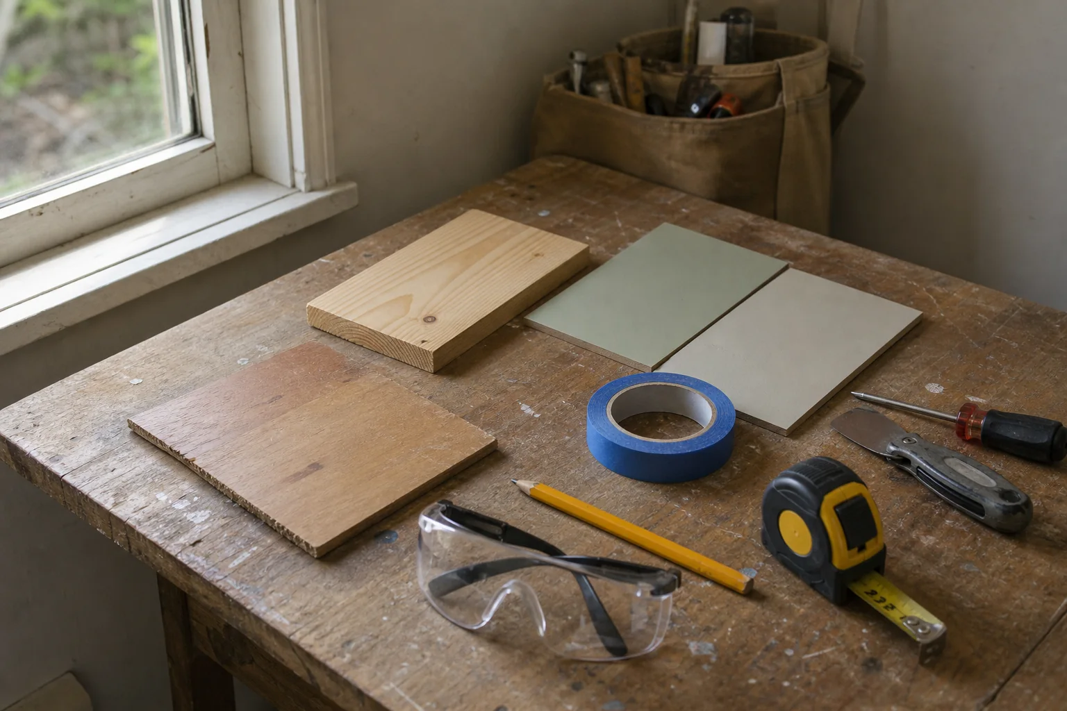 Used home worktable with safety glasses, tape measure, hand tools and small timber and finish test samples