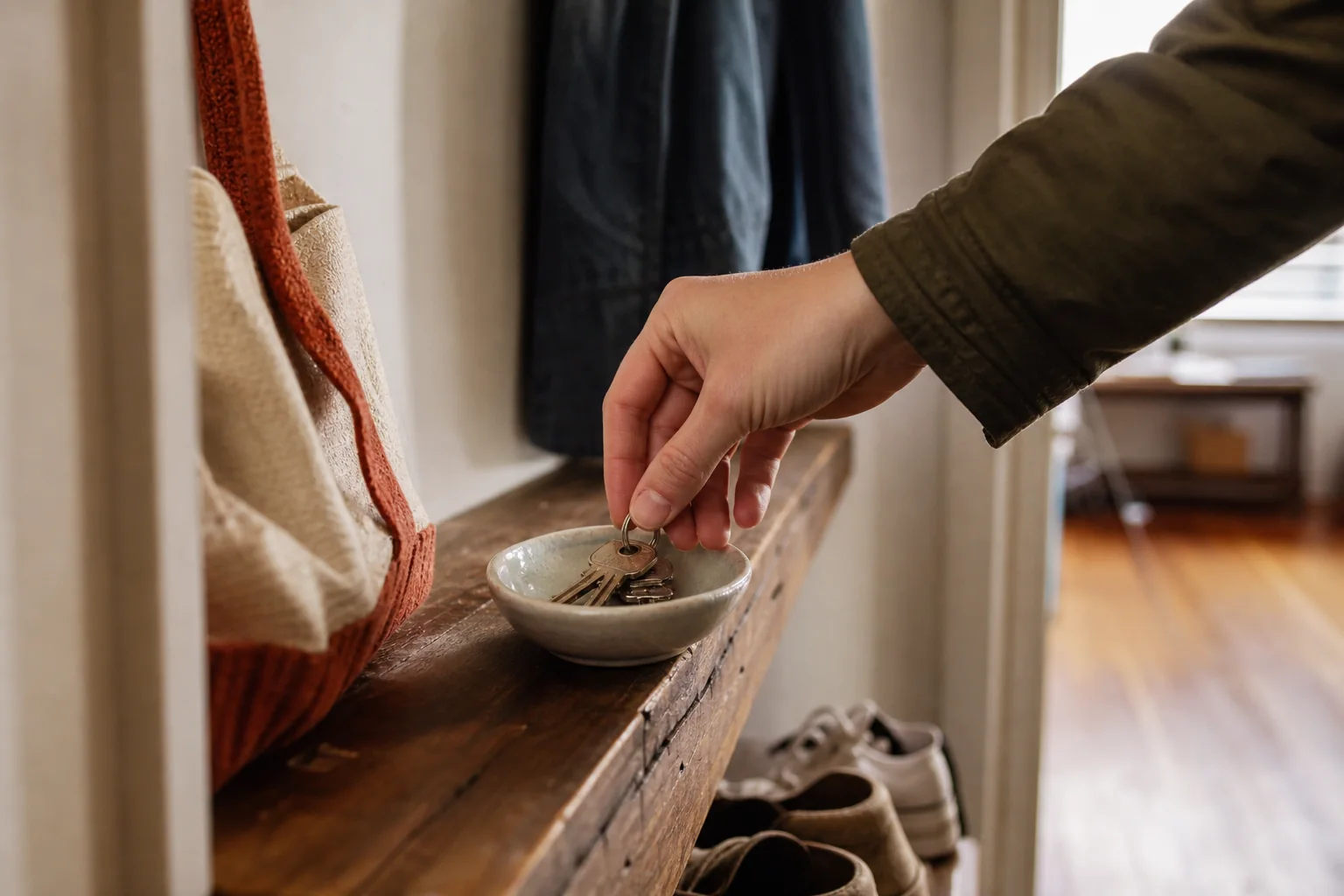 Hand lowering everyday keys into a shallow ceramic dish on a narrow worn timber landing shelf
