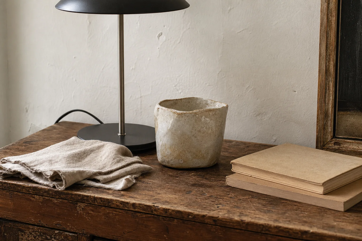 Close material study of aged timber, washed linen, handmade ceramic, plain books and a modern lamp