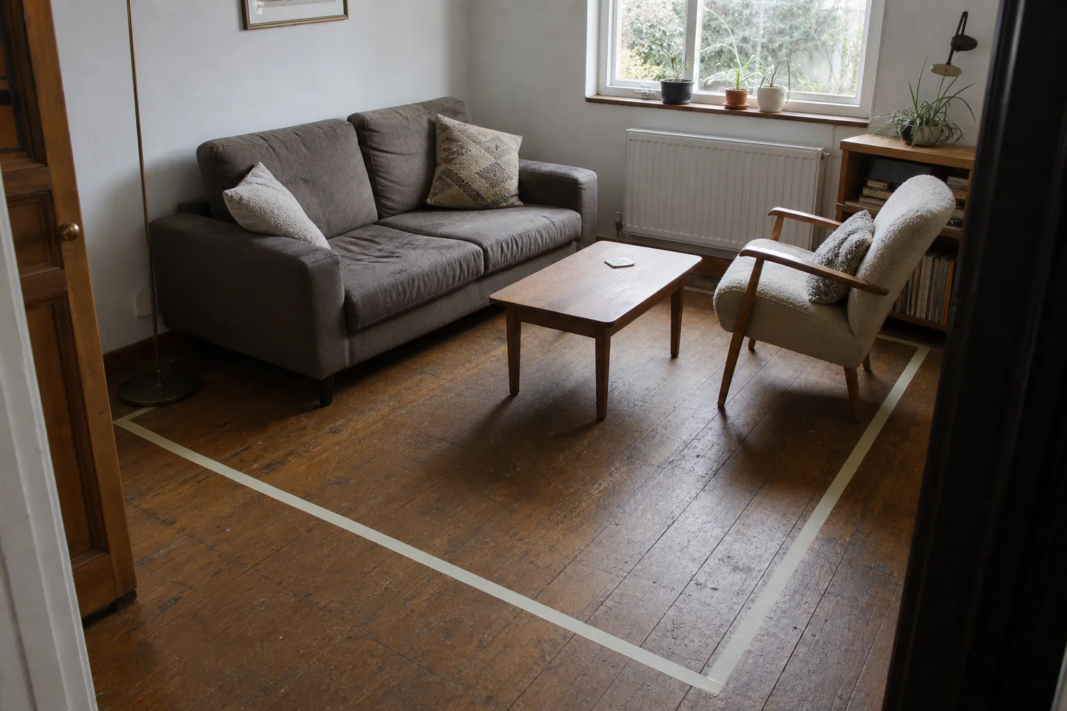 Compact lived-in seating group with pale tape marking a full rug footprint beneath the front furniture legs