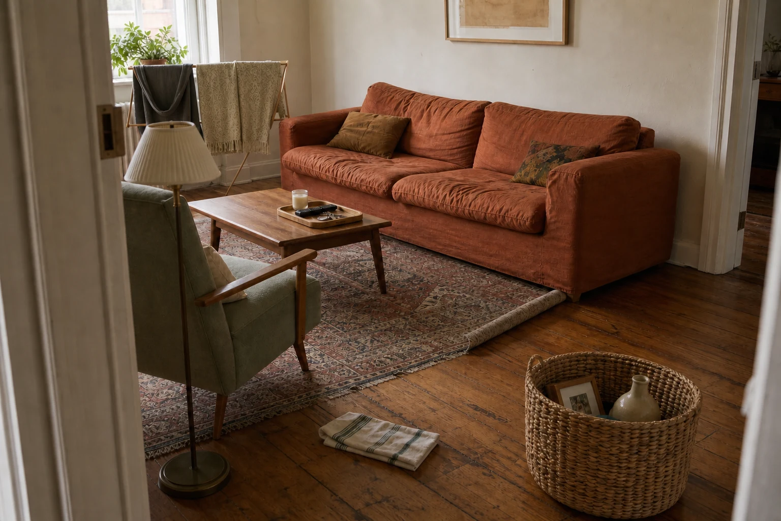 Ordinary living room mid-reset with furniture shifted, textiles airing, a rehome basket and a lamp moved beside the chair