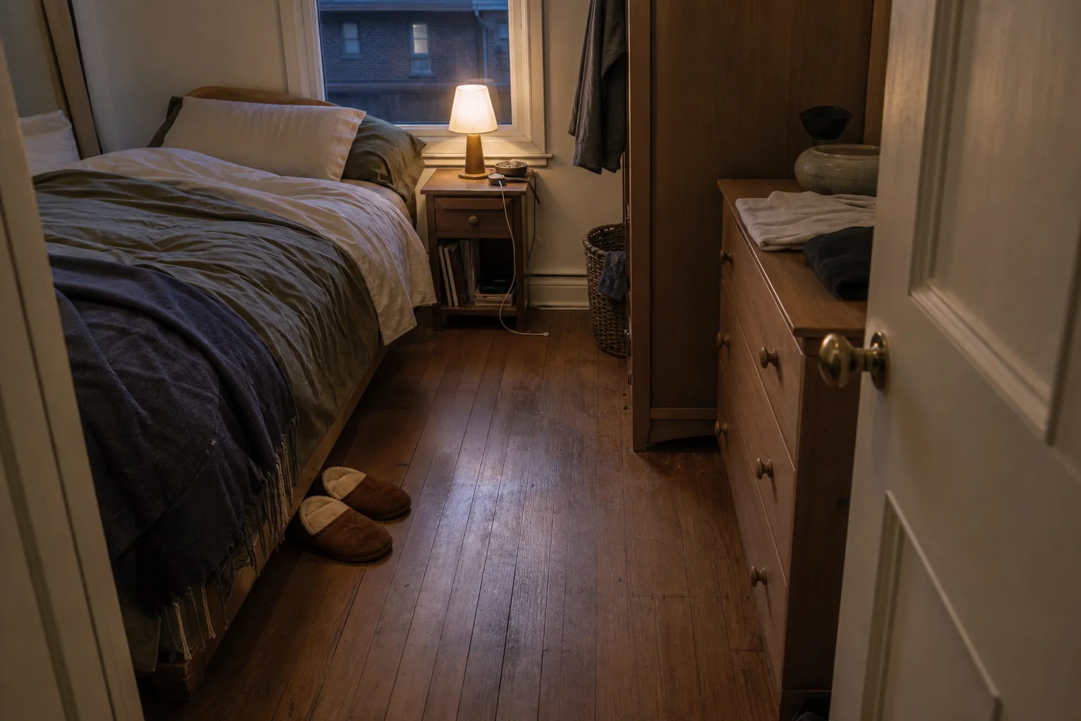 Genuinely compact bedroom seen from the doorway with a clear walking route between a rumpled bed and useful storage