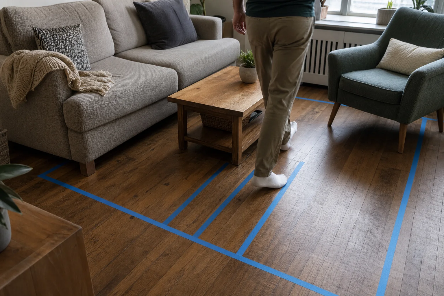 Resident walking through a compact living room where blue tape marks possible furniture footprints and a clear route