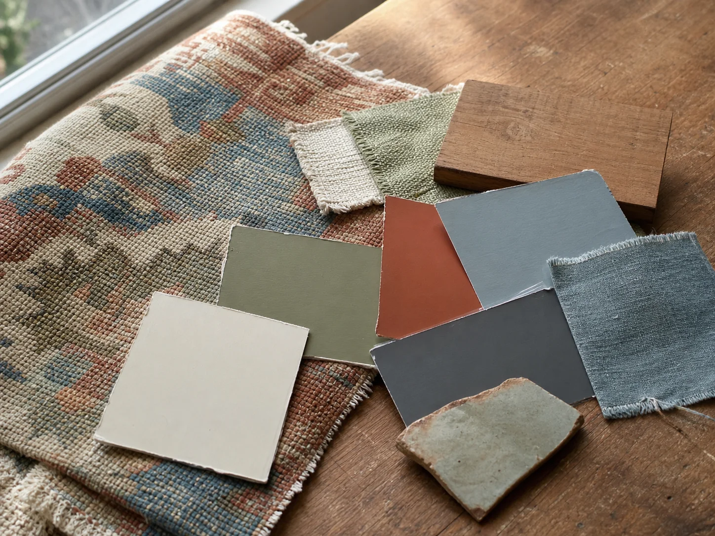 Worn patterned textile beside cream, moss, rust, blue and charcoal paint and material samples on a timber table