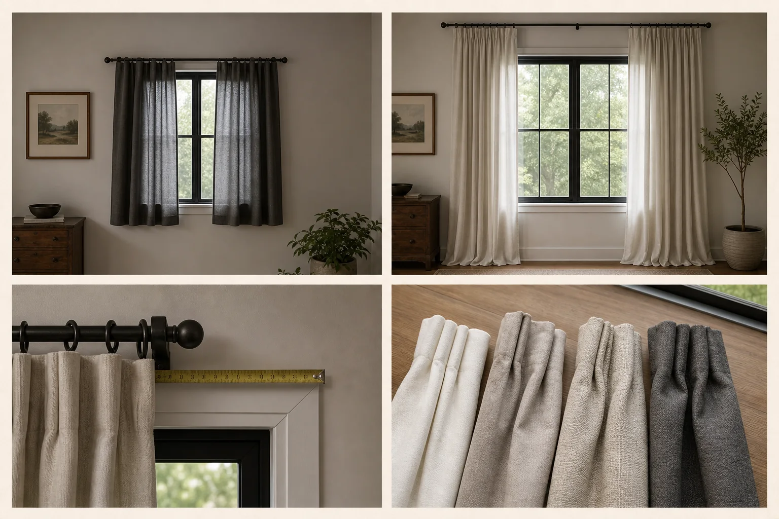 Curtain reference study comparing a low narrow rod with a high wide installation, plus measuring and fabric-fullness details