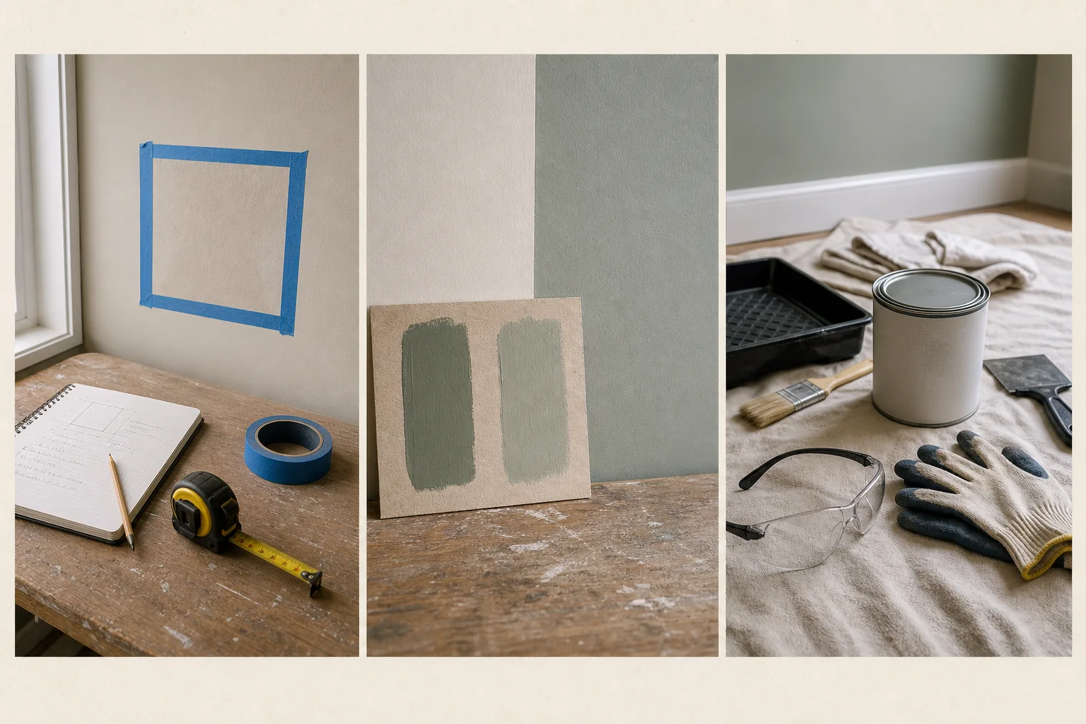 Three-frame DIY planning study showing a taped project boundary, a material sample test, and personal protection beside a controlled work zone