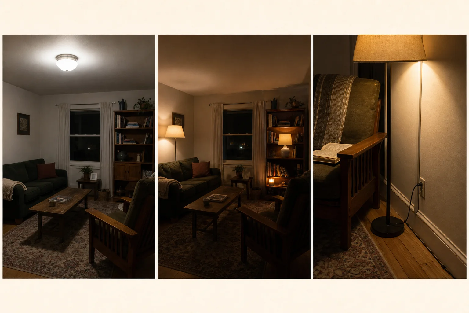 Three-frame living room lighting study comparing overhead-only light, layered lamps, and a shaded reading lamp beside a chair