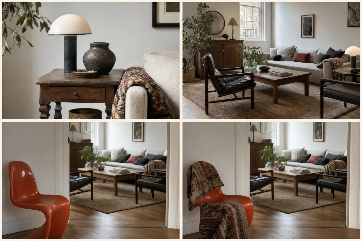 Four-frame style-mixing study showing anchor objects, a coherent collected room, an isolated coloured chair, and the same chair connected by a textile