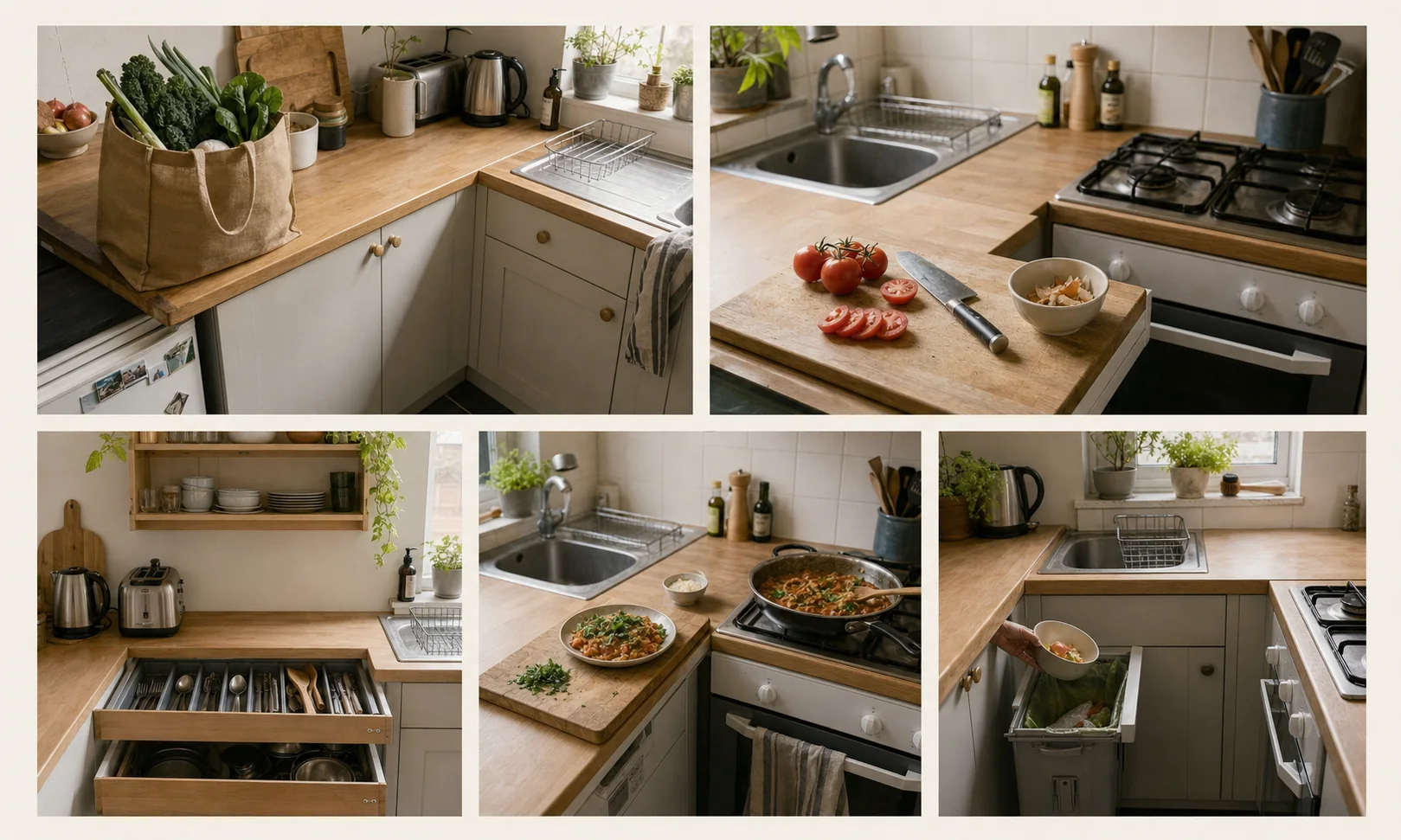 Five-frame small-kitchen workflow showing groceries arriving, preparation, reaching, cooking, and cleanup