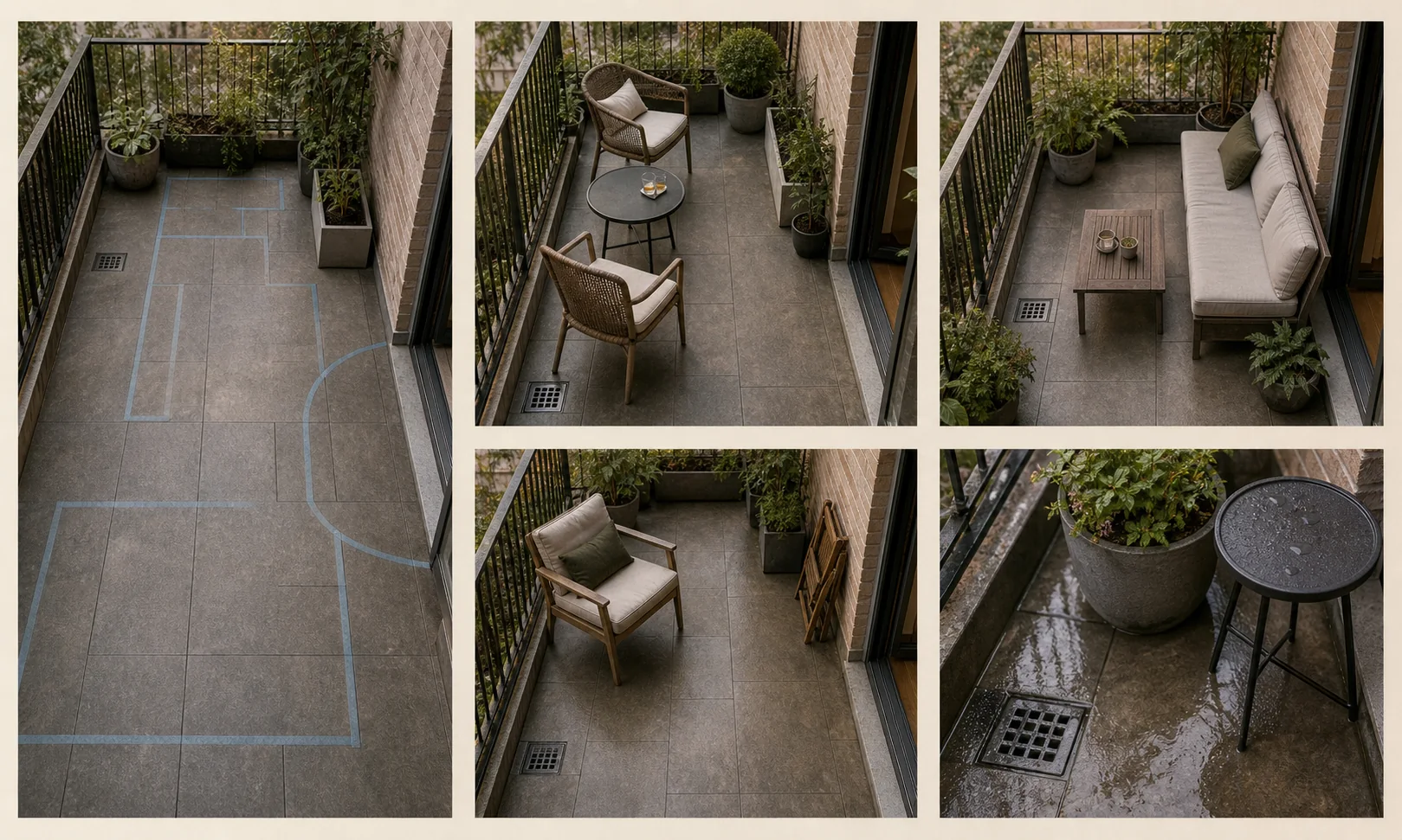 Five-panel balcony layout study showing taped furniture footprints, two-chair dining, bench lounging, a foldaway setup, and rain drainage