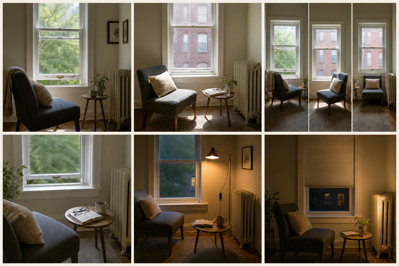 Six-frame window reading nook study showing morning and noon light, three chair positions, a clear sill, evening task lighting, and a night privacy shade