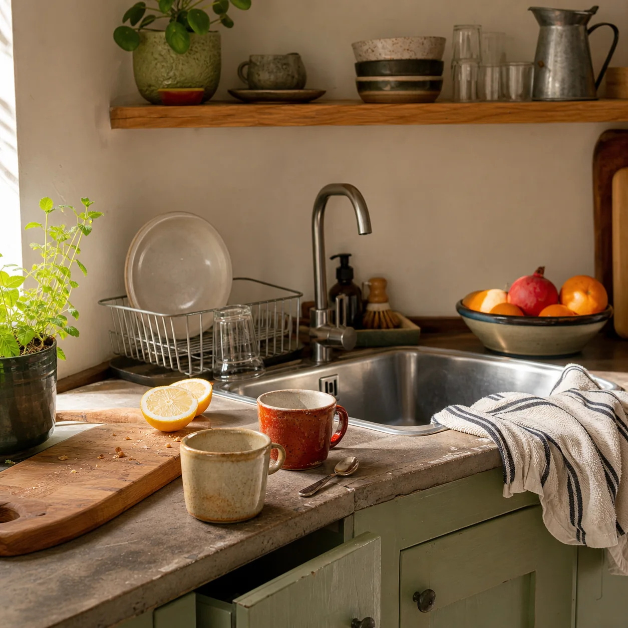 Compact kitchen sink and counter showing a normal working surface, drying area and frequently used items