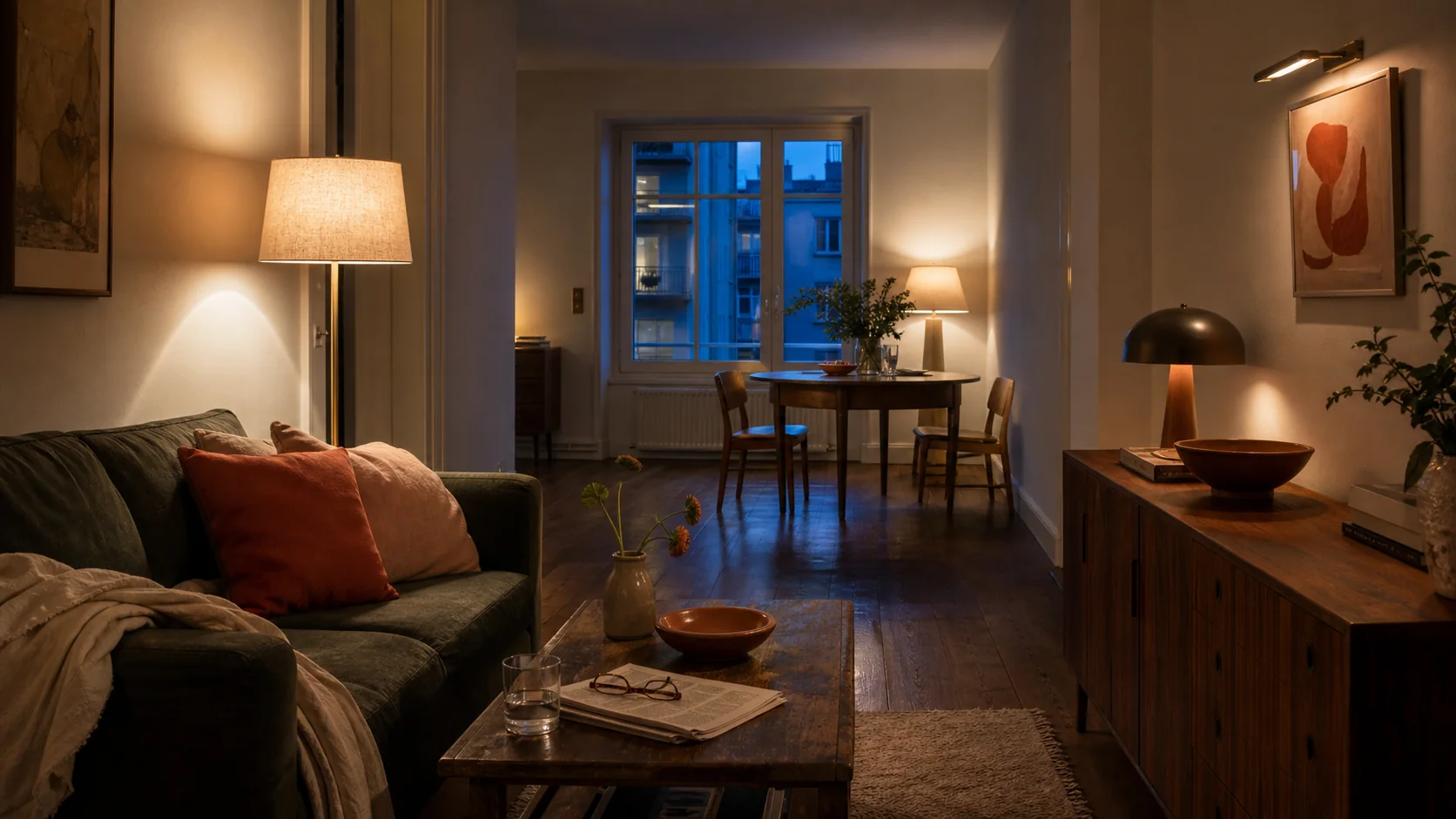 A warmly lit living and dining room at dusk, ready for an ordinary evening