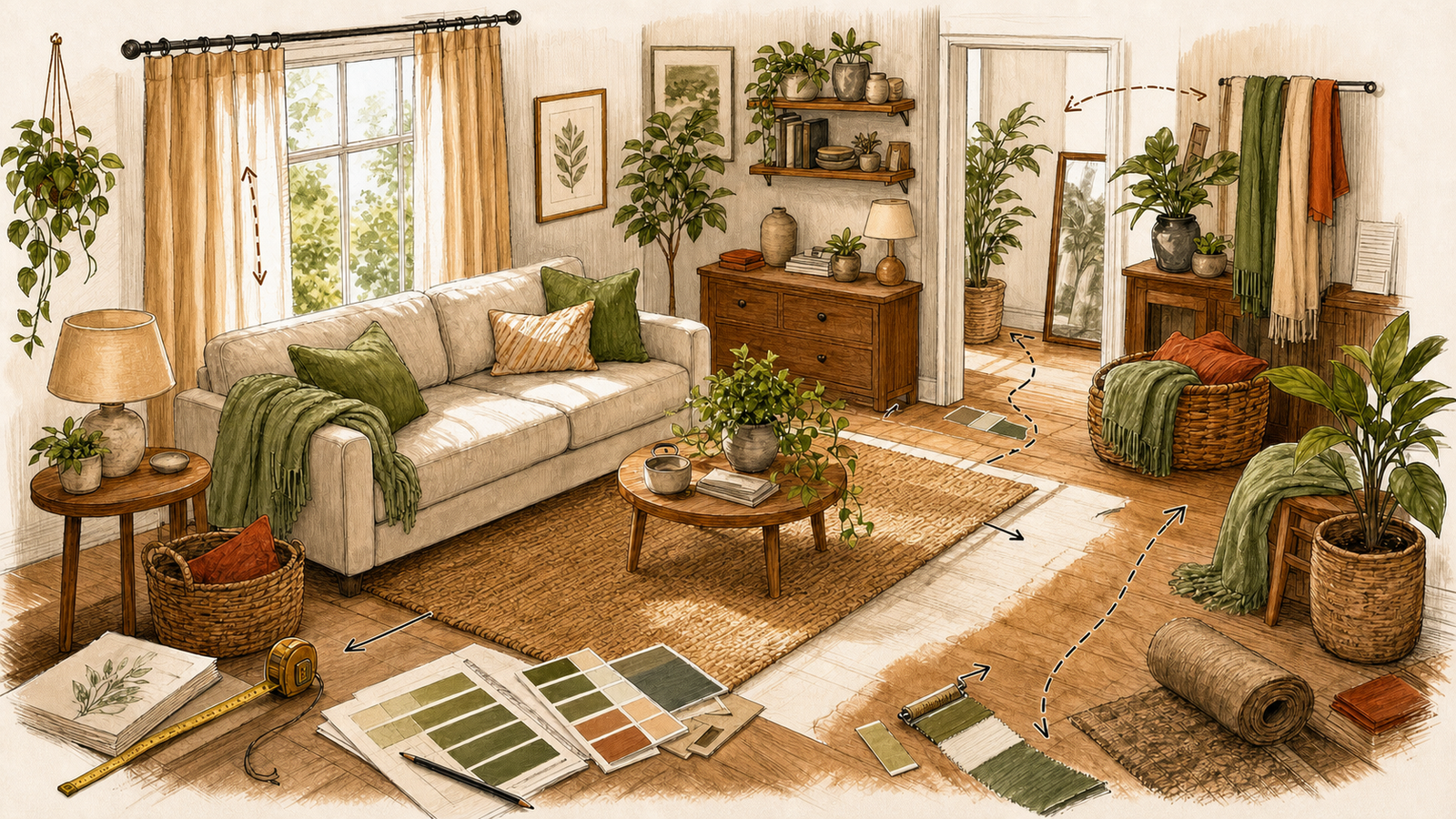 A hand-illustrated living room field study with furniture, plants, measuring tools, material swatches and marked walking routes