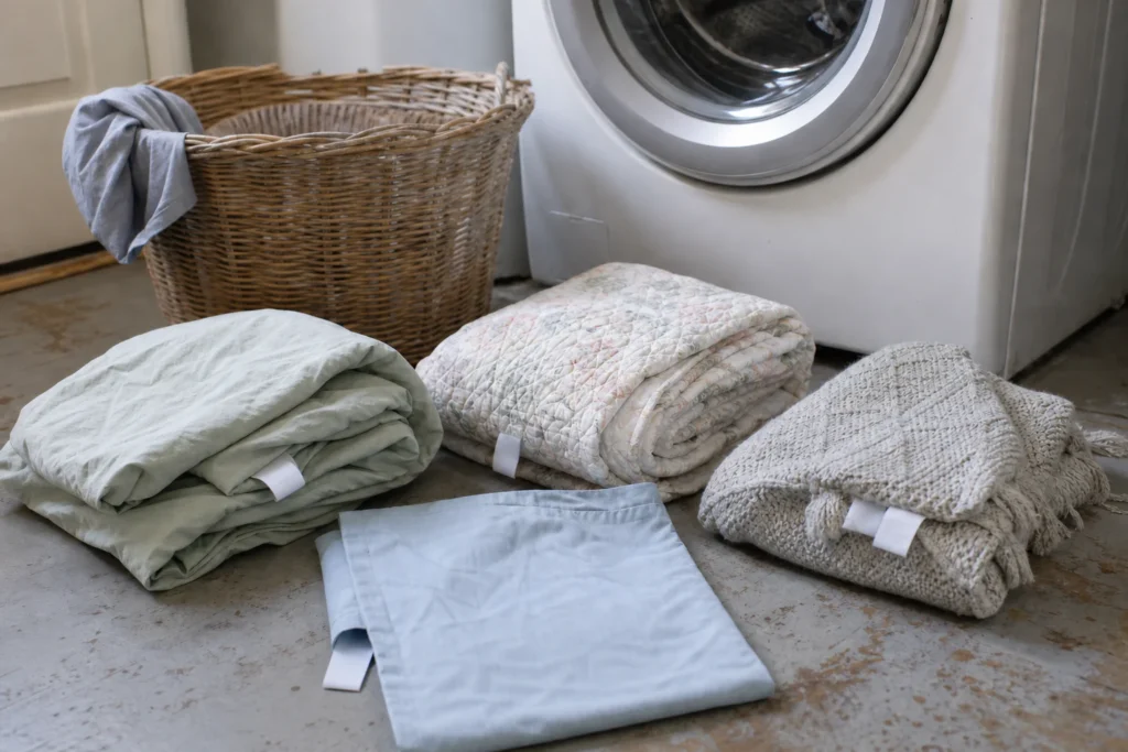 Bedding care labels, folded pillowcases, and one main cover placed beside a realistically sized laundry basket