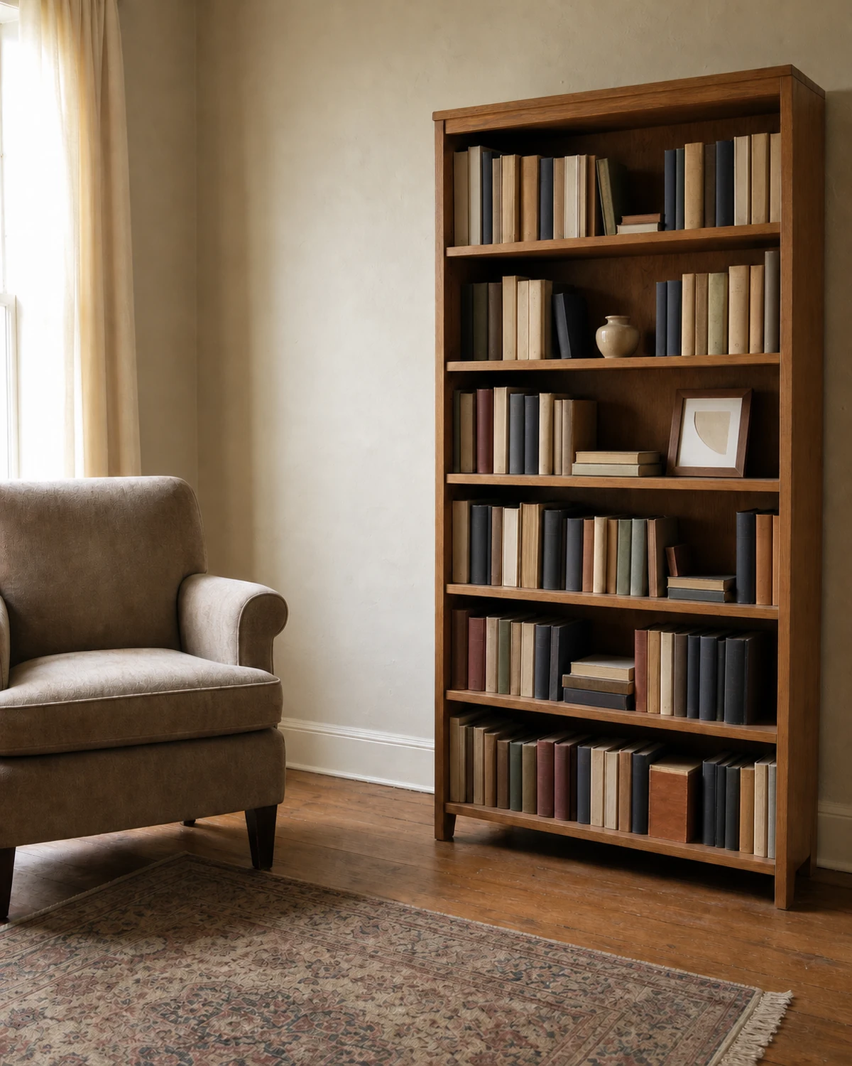Freestanding bookcase filled mostly with mixed worn paperbacks and hardbacks, with small growth gaps, a reading chair nearby and only two meaningful objects.