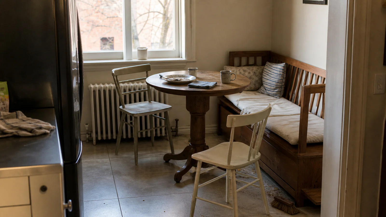 Small breakfast nook after a real meal with two cups, crumbs and one chair shifted toward the kitchen route.