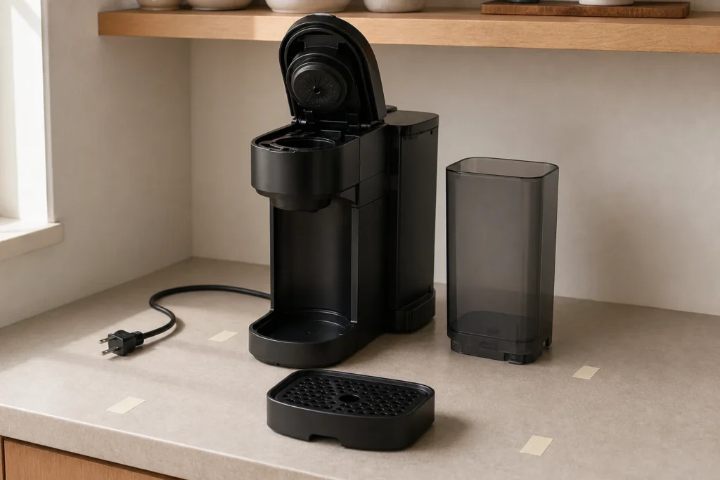 Coffee brewer with its top lid raised, detached water reservoir beside it and drip tray set forward on a clear counter.