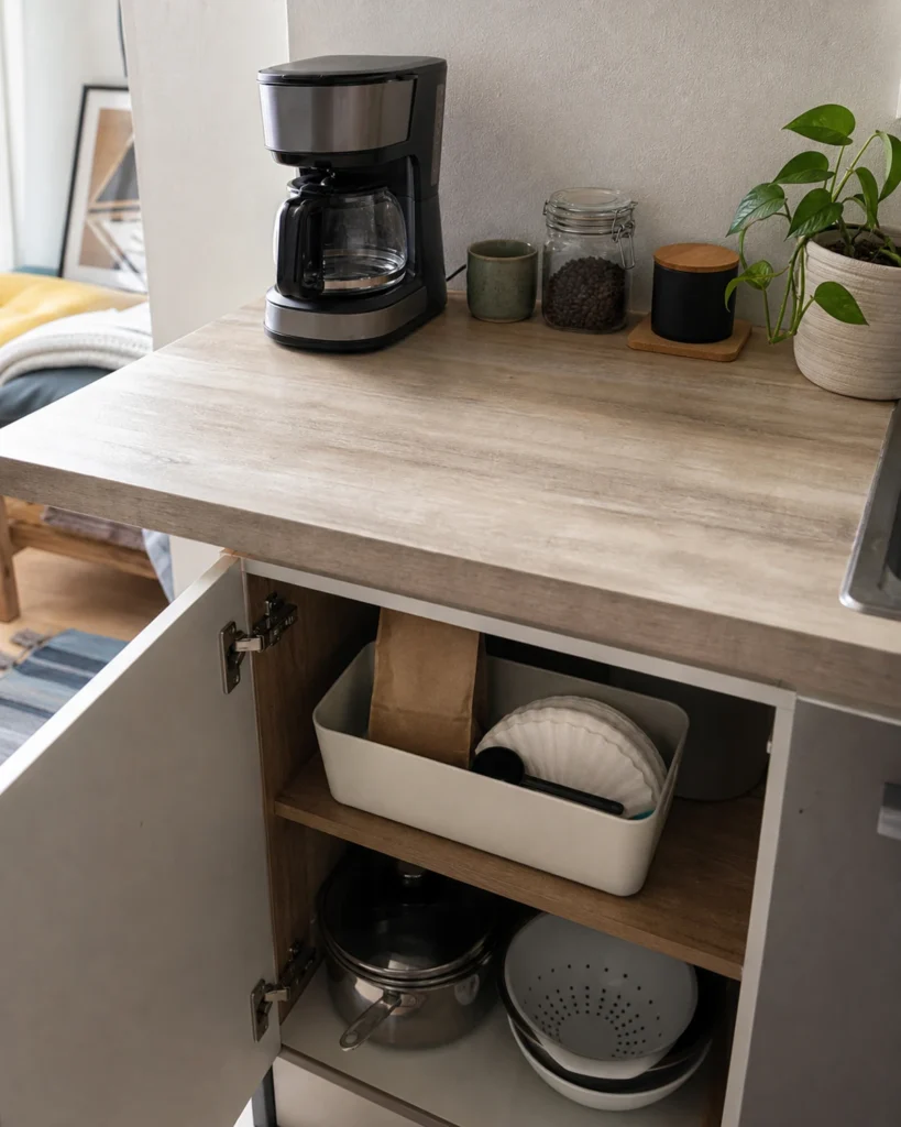Shallow coffee-supply box being stored in a lower cabinet beside a mostly clear kitchen worktop and coffee brewer.