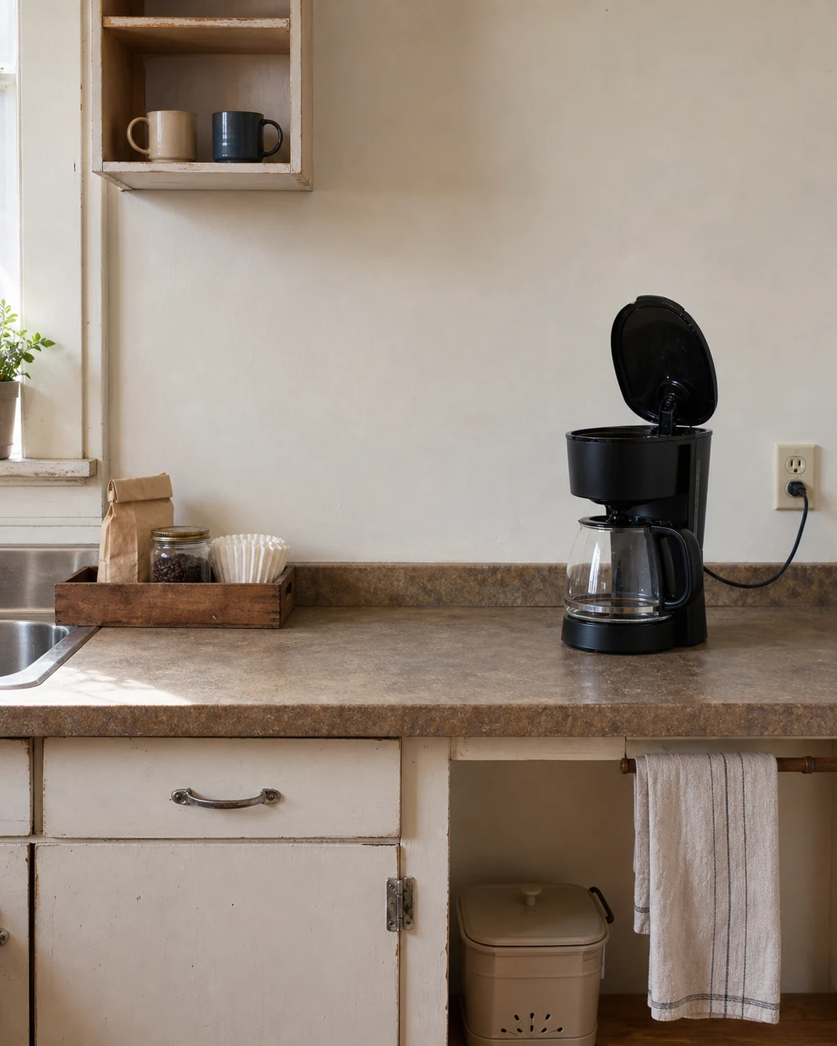 Compact kitchen coffee station with a filter brewer, two mugs, a clear landing space, a hanging cloth and a small grounds caddy nearby.