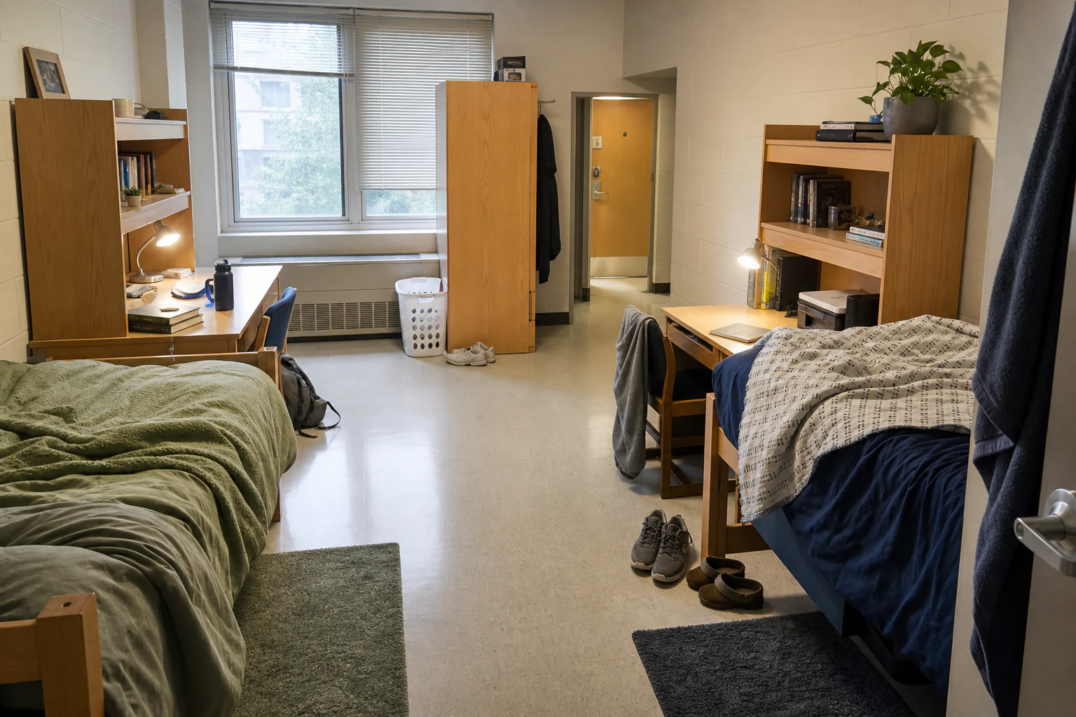 Shared dorm room several weeks after move-in with two made beds, open walking route, study surfaces, and ordinary personal belongings
