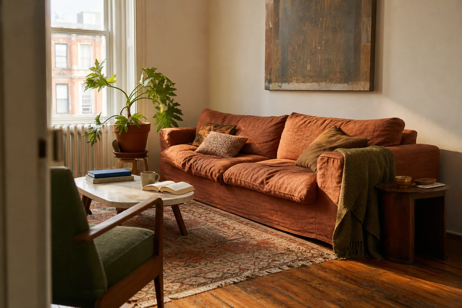 Warm lived-in apartment living room with a rust sofa, vintage rug, books, and afternoon light
