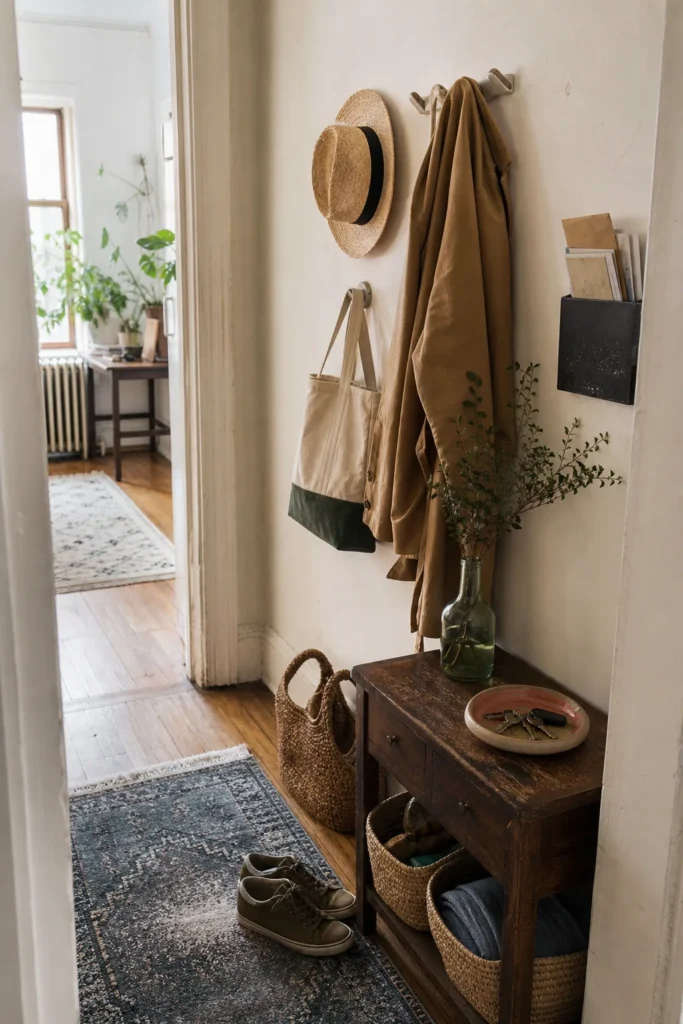 Working apartment entryway with coats, shoes, baskets, keys, and everyday belongings