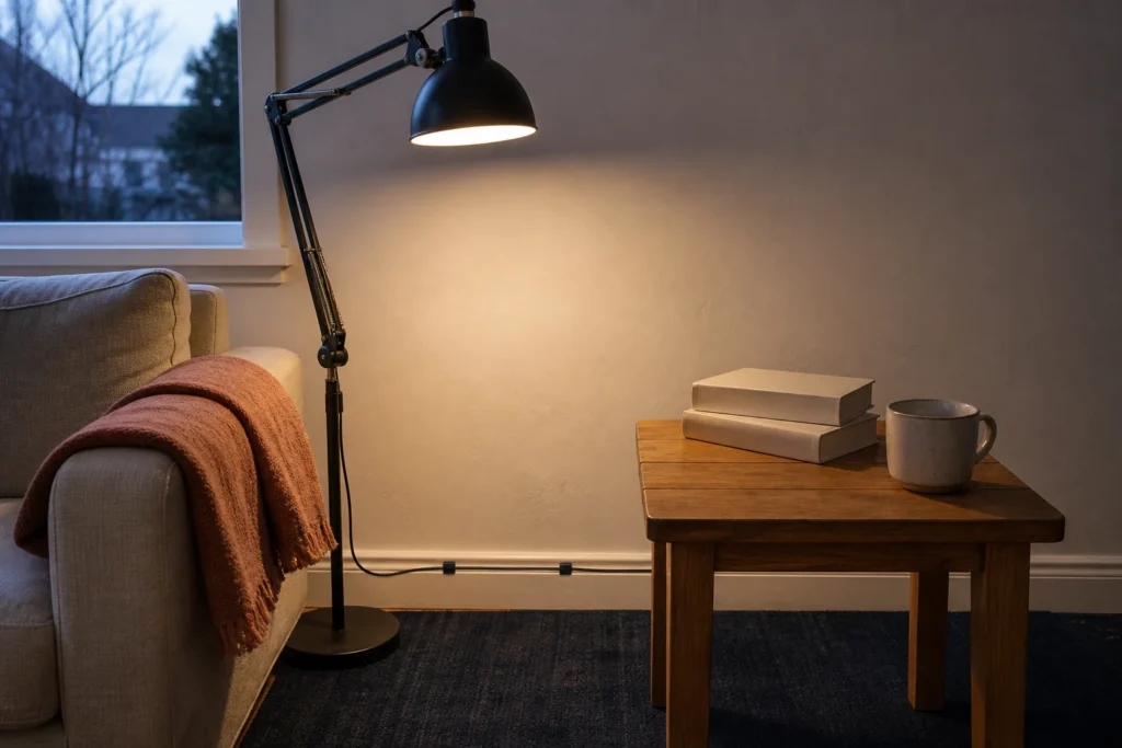 Rented living room with the reading lamp moved beside the sofa and the entry route left clear