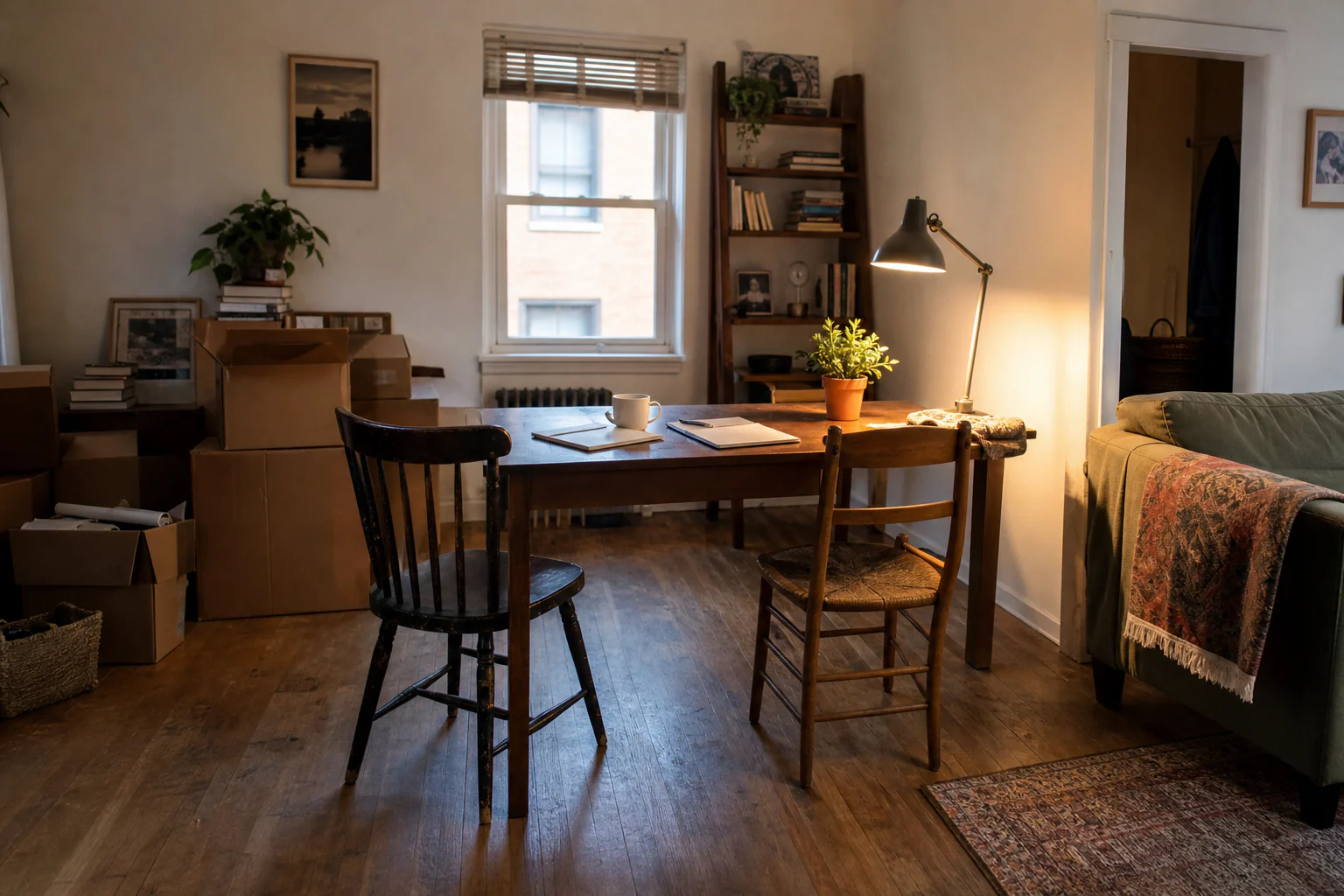 Modest first apartment living area during the first week with a clear route, essential seating, unpacked daily items, and a few personal objects