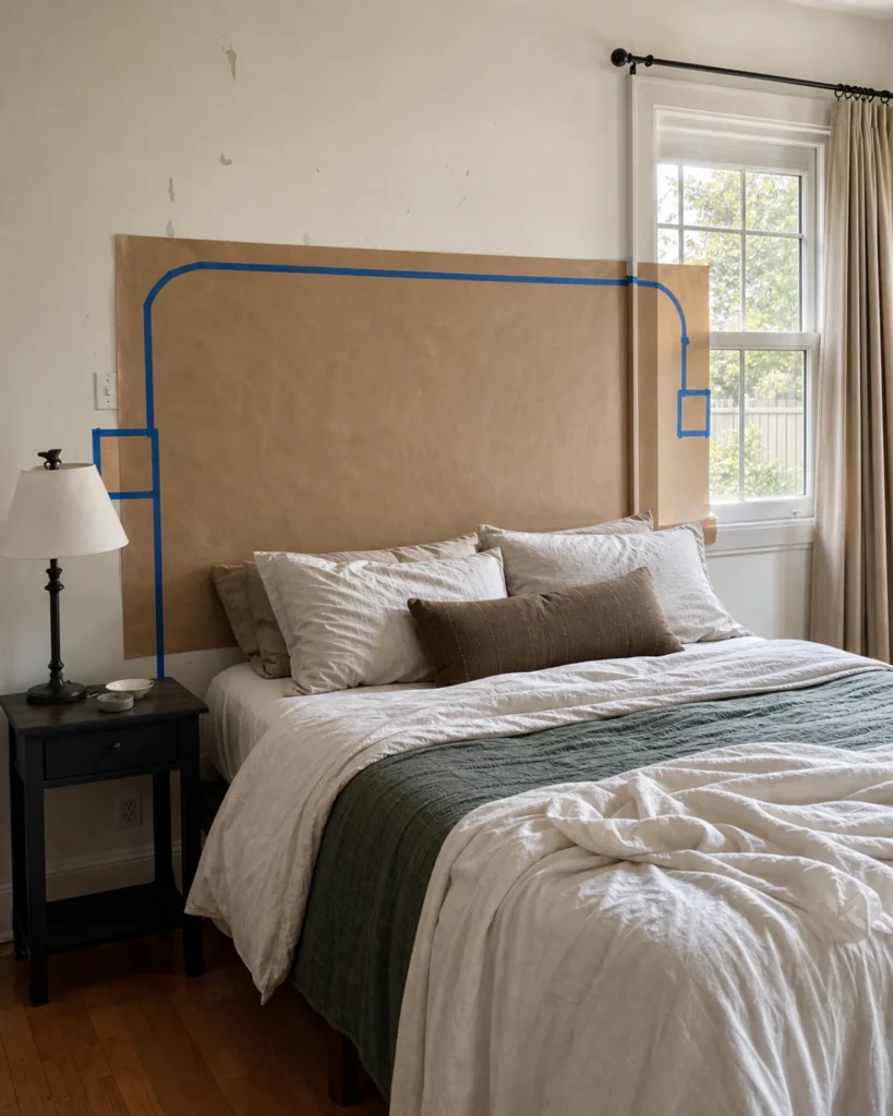Full-size kraft-paper headboard outline behind a dressed bed with the off-centre window, curtain and outlet visible.