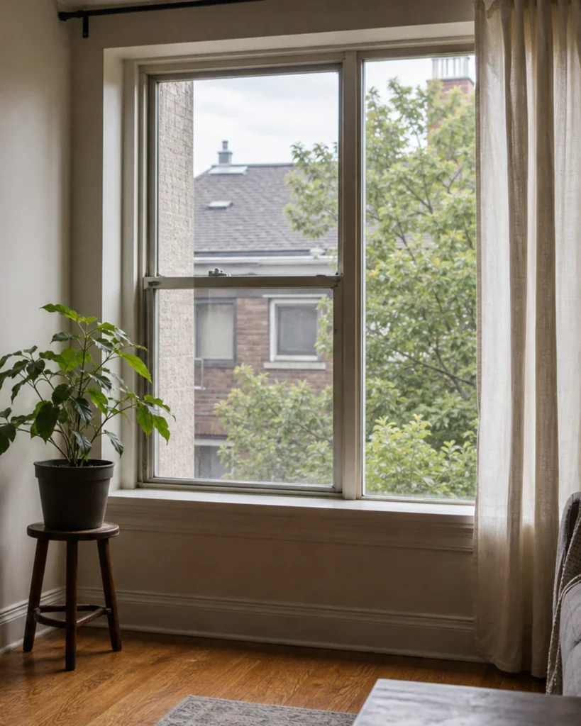 An unidentified potted foliage plant sits near a curtained apartment window with a neighboring building and tree visible outside.