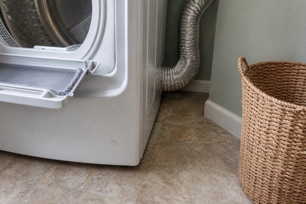 Accessible dryer lint screen and visible service area kept free of baskets and stored products
