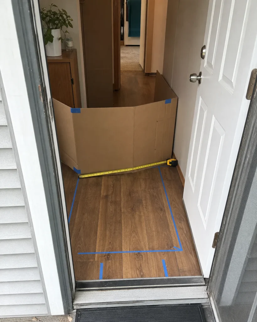 Cardboard sofa envelope and tape measure at an exterior doorway before testing a tight hall turn.