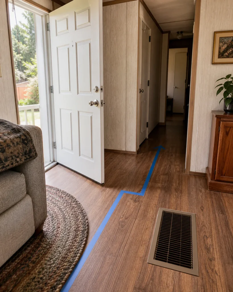 Open exterior door, hall route and unobstructed floor grille beside a shallow sofa edge.