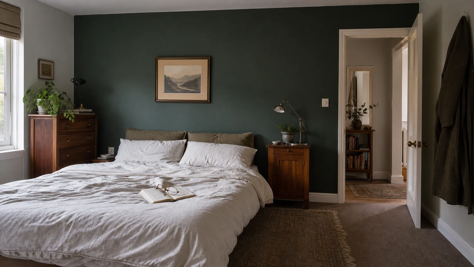 Dark green ordinary bedroom in soft daytime with pale bedding edges, warm timber furniture and a clear path to the door.