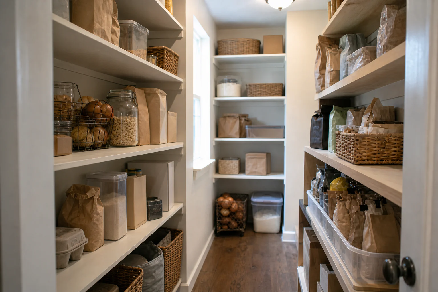 Small walk-in pantry with mixed original packaging, shallow grouped shelves, a clear central aisle, and visible open-now foods