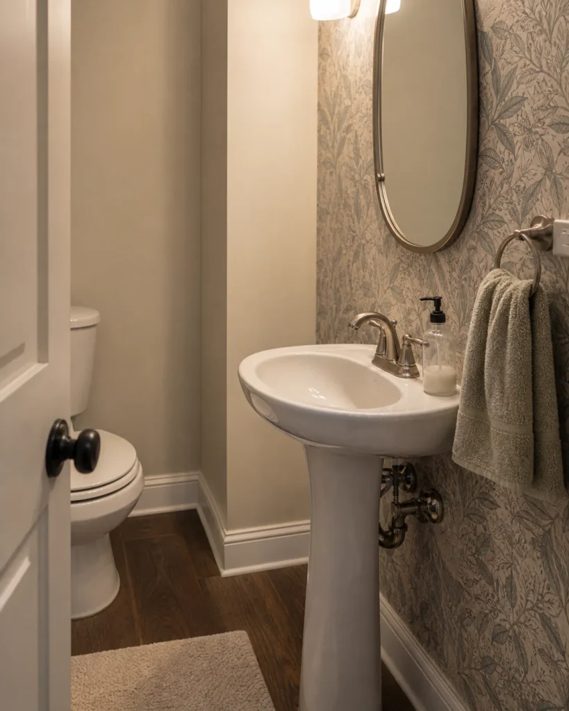 Compact pedestal sink with soap, a dry landing edge and a hand towel reachable directly from the basin.
