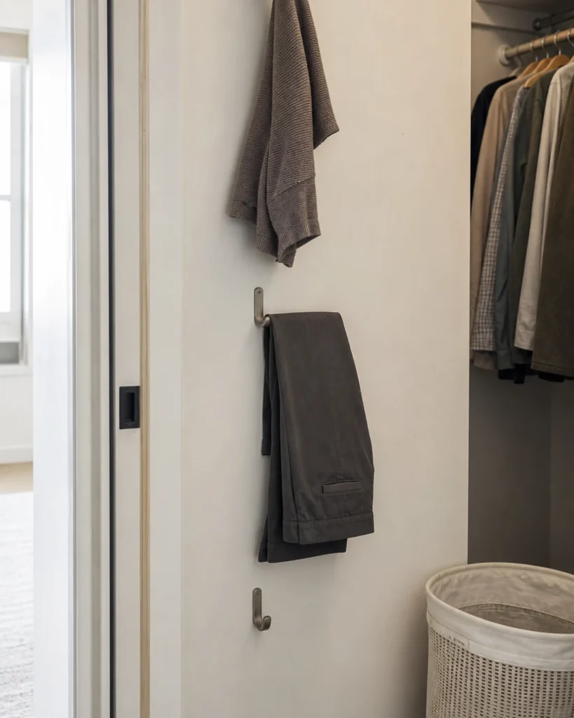 Three side hooks inside a reach-in closet holding one knit and one pair of trousers, with the third hook empty beside a clear laundry hamper route.
