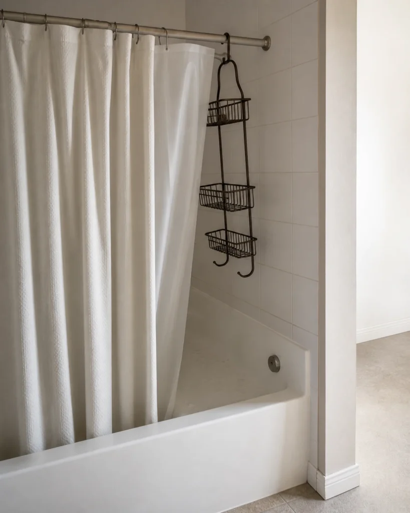 Control end of a tub where a hanging caddy prevents the inner curtain from closing against the wall.