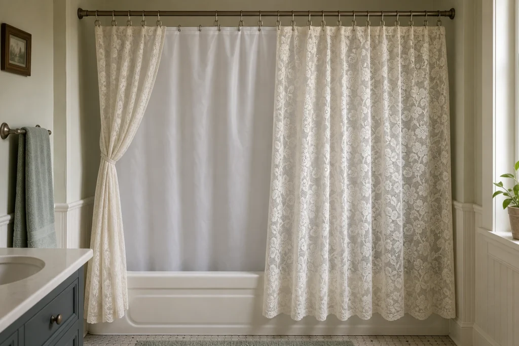 Openwork outer shower curtain hanging outside a tub with a separate plain inner liner positioned inside.