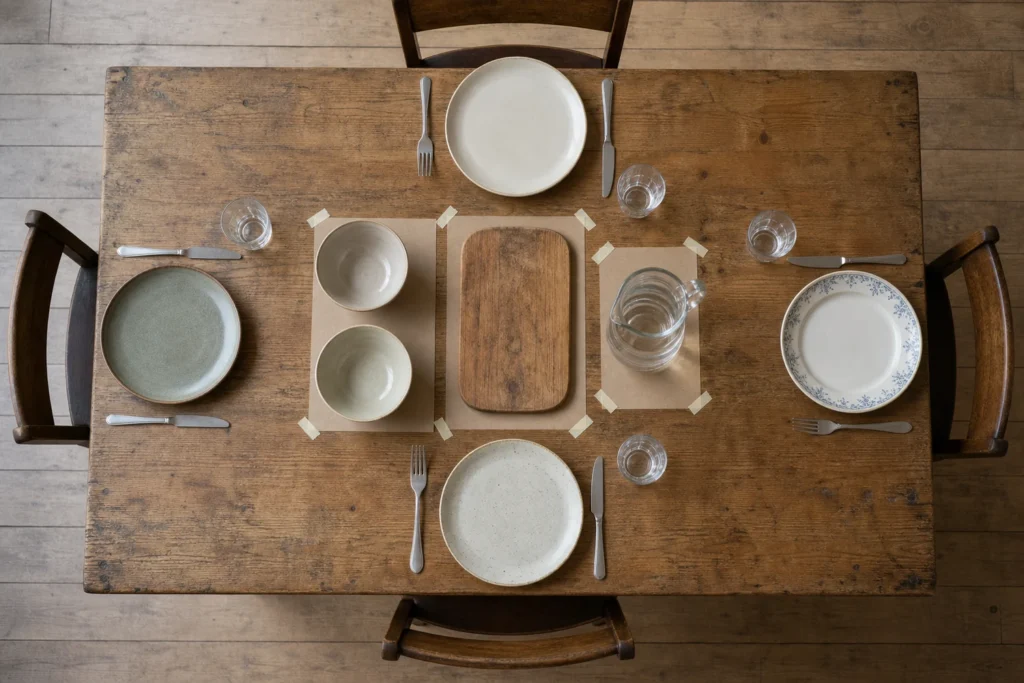 Top-down view of a small table for four with plates, glasses, two empty serving bowls, a water jug and kraft-paper service footprints.