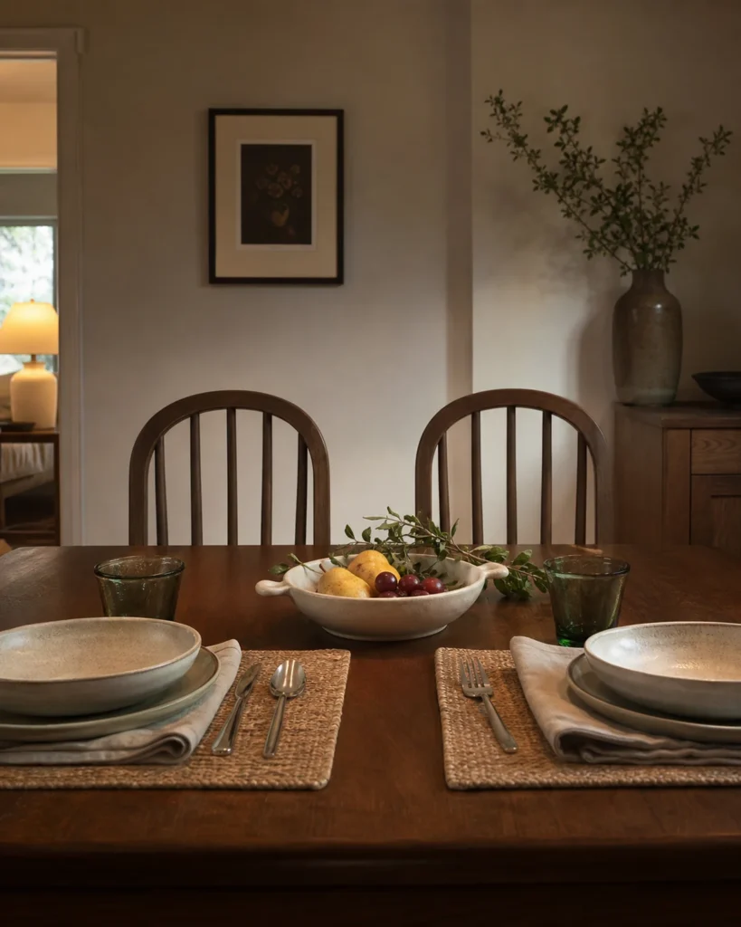 Seated-height view across a holiday table where a low bowl and narrow foliage clusters leave the opposite chairs fully visible.