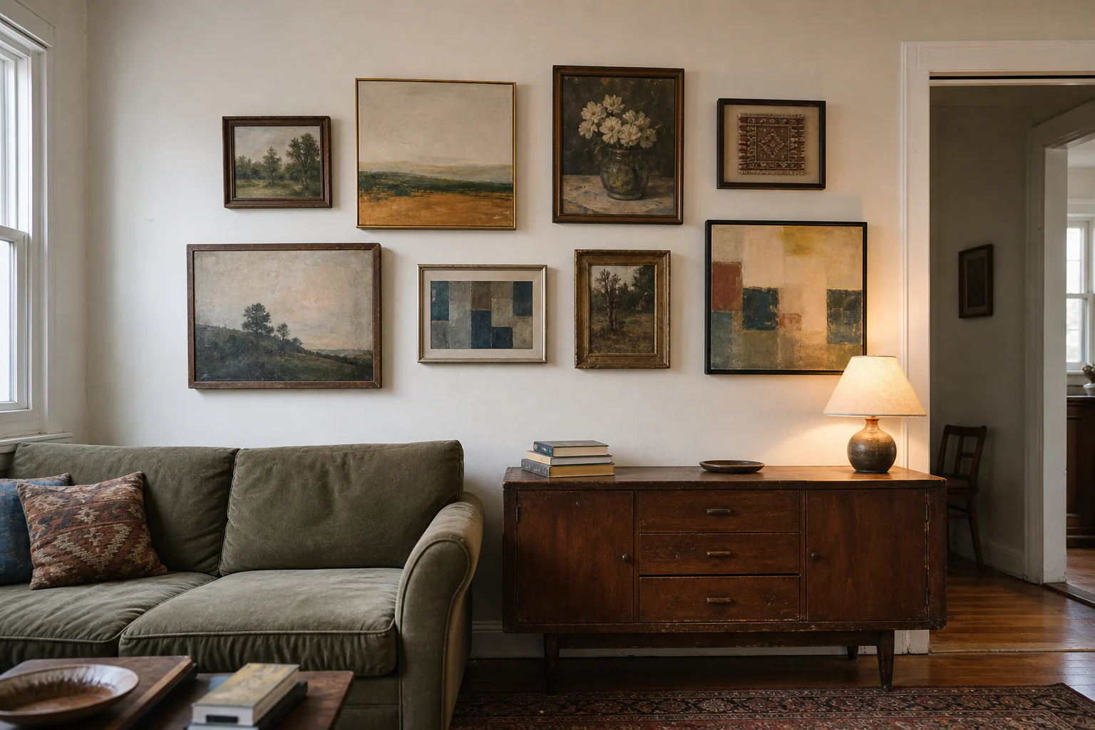 Collected gallery wall of mismatched thrifted frames, drawings, and a small textile arranged above an ordinary sideboard