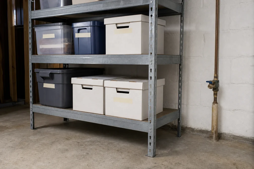 Raised basement storage shelves with clear floor below, visible wall edges, and labelled lidded containers