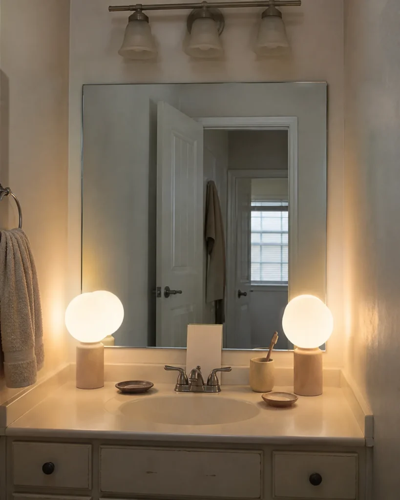 Two temporary globe lamps sit on a dry vanity at the sides of a plain bathroom mirror while the existing overhead fixture is off.