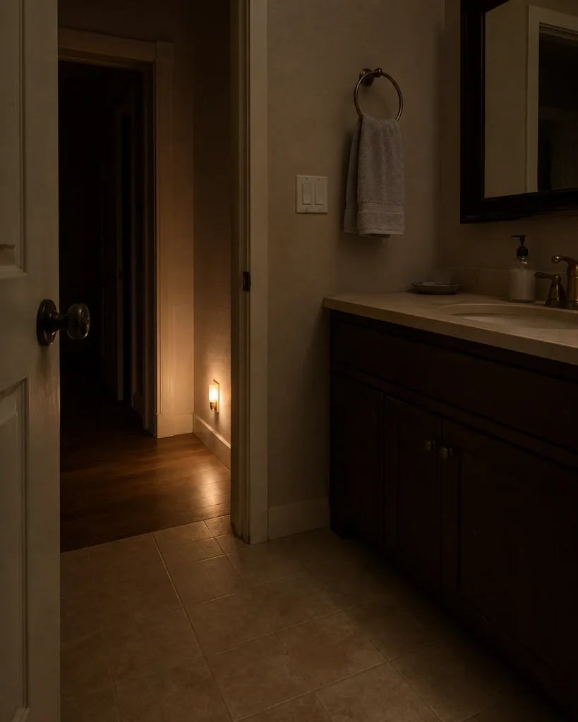 A dim bathroom doorway and clear floor route are visible under a low warm night light while the mirror task light remains off.