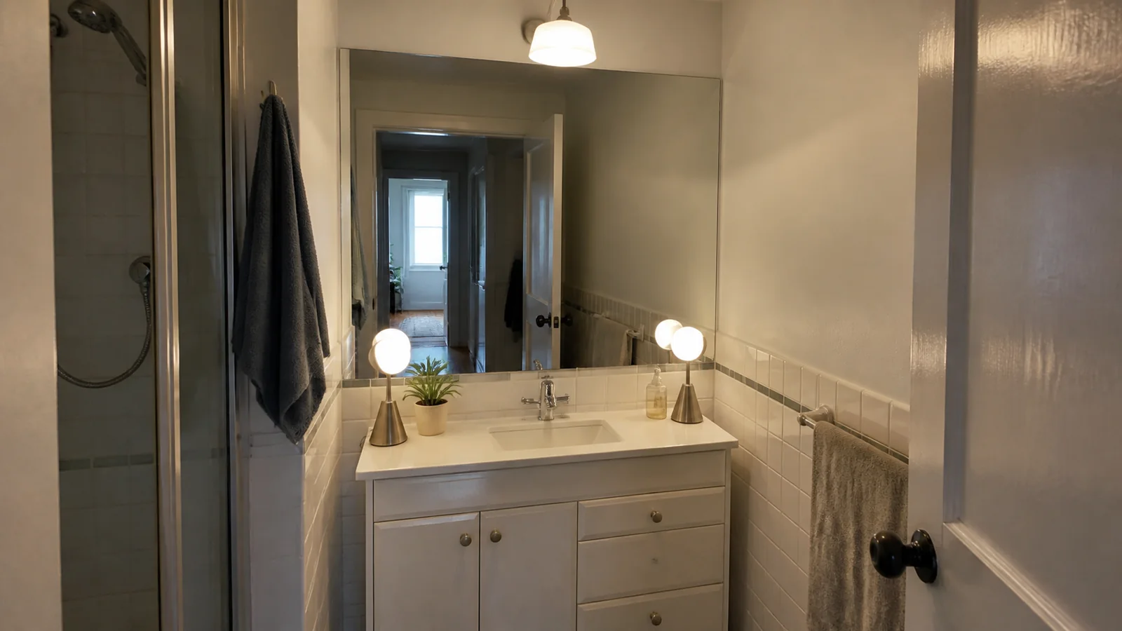 A normal compact bathroom showing a plain mirror, vanity, reflected doorway, overhead light and two temporary freestanding side lights.